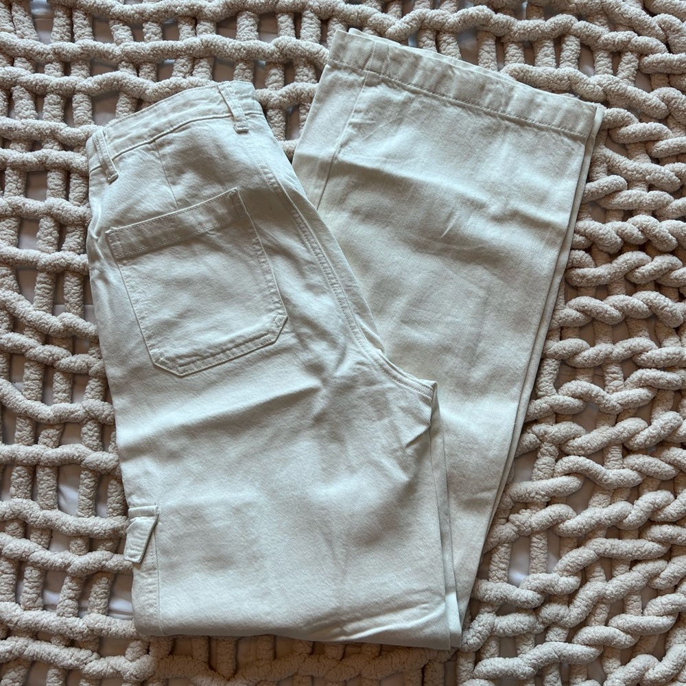 Bershka high waisted wide leg cargo denim jeans white